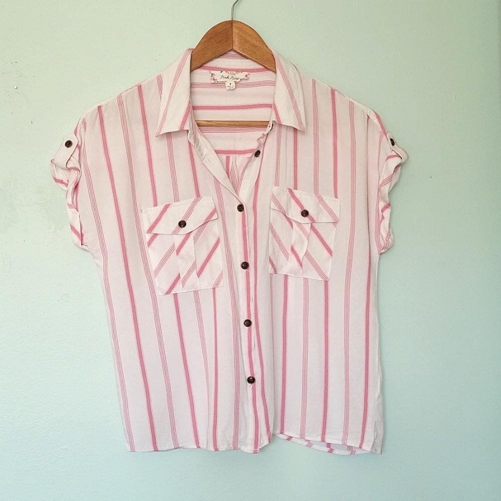 Pink Rose Women Short Sleeve Button-down Shirt